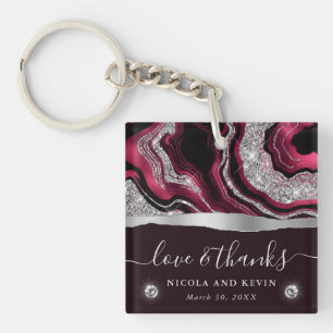 Porte-clés Mariage à l'agate élégant avec feuille d'argent et