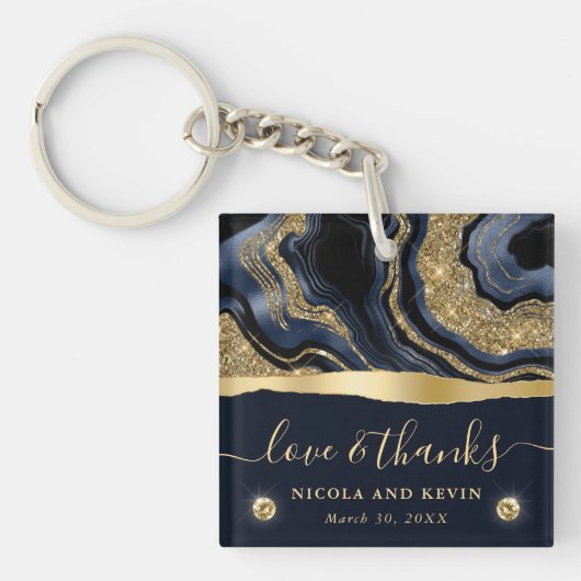 Porte-clés Mariage à l'élégante agate bleu et dorée (Devant)