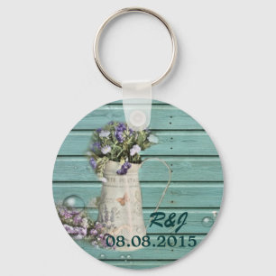 Porte-clés mariage campagnard en bois de grange turquoise fle