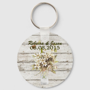 Porte-clés mariage campagnard fleur sauvage en bois blanc