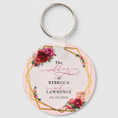Porte-clés Mariage chic rouge rose floral et or faux (Recto)