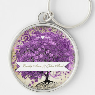 Porte-clés Mariage de feuille d'arbre de coeur violet radiant
