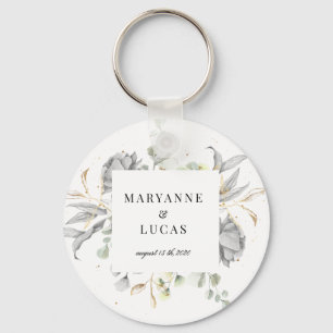 Porte-clés mariage de monogramme floral argent dramatique