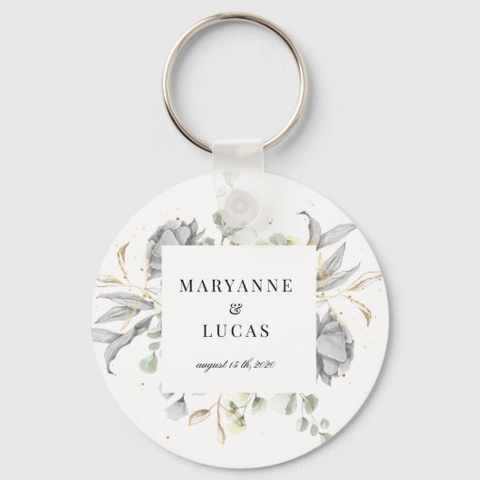 Porte-clés mariage de monogramme floral argent dramatique (Recto)