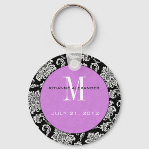 Porte-clés Mariage de monogramme violet de Damas noir