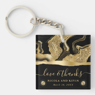 Porte-clés Mariage élégant avec feuille d'or noir et paillett
