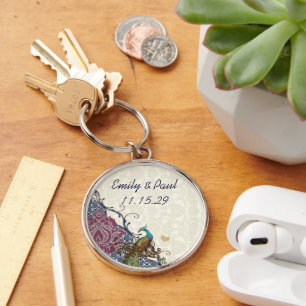 Porte-clés Mariage élégant damassé paon bleu marine et baie