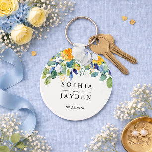 Porte-clés Mariage élégant floral aquarelle jaune et bleu