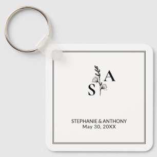 Porte-clés Mariage Fleur sauvage minimaliste BW Monogram