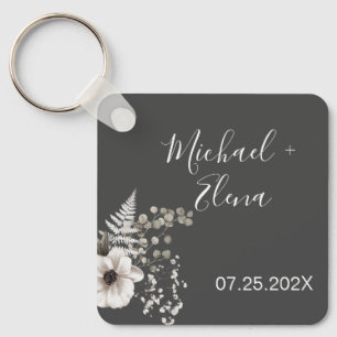Porte-clés Mariage floral gris foncé et blanc