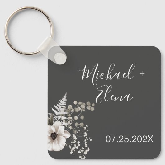 Porte-clés Mariage floral gris foncé et blanc (Recto)