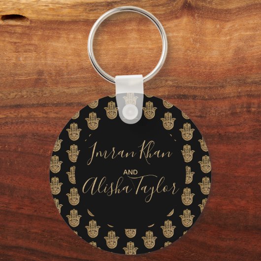 Porte-clés Mariage indien Enregistrer la date Gold hamsa Henn (Verso)