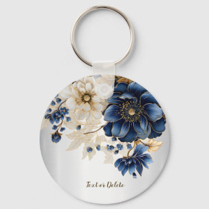 Porte-clés Mariage Marine Bleu Blanc Or Floral Argent