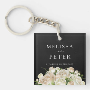 Porte-clés Mariage minimaliste blanc floral noir