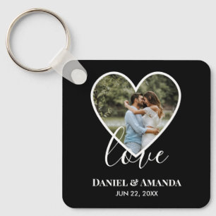 Porte-clés Mariage Photo Black Heart Frame Moderne Calligraph