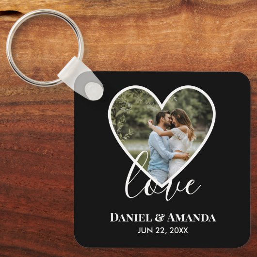 Porte-clés Mariage Photo Black Heart Frame Moderne Calligraph (Recto)