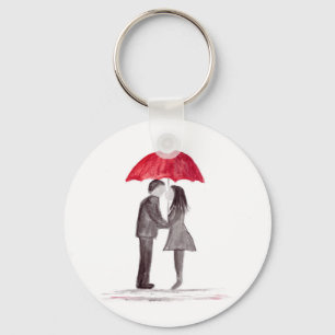 Porte-clés Mariage romantique avec parapluie rouge aquarelle