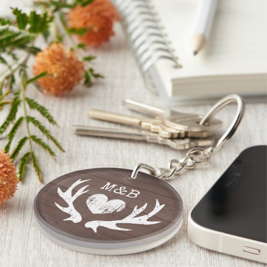 Porte-clés Mariage rustique faveur cerf bois brun imprimé (Devant Droit)