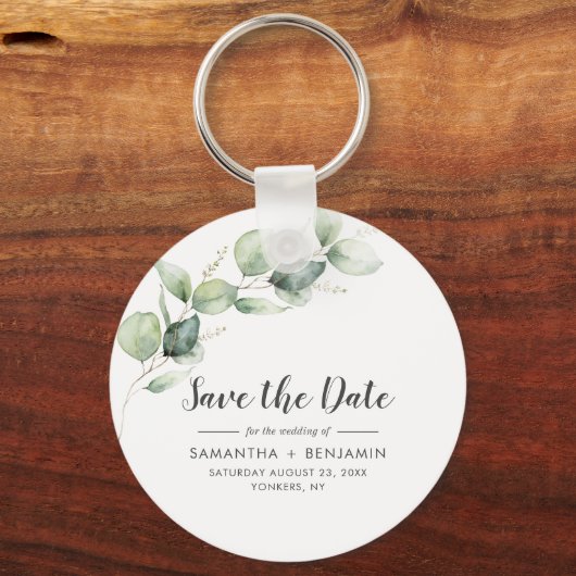 Porte-clés Mariage vert Eucalyptus Enregistrer la date (Verso)