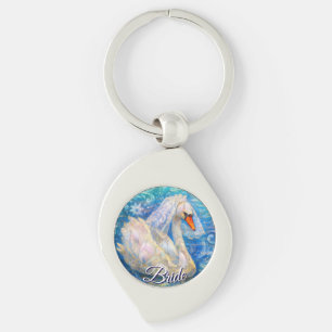 Porte-clés Mariée de cygne avec voile sur eau bleu blanc pers