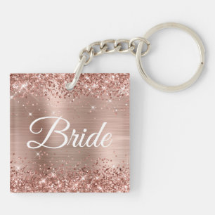 Porte-clés Mariée Pailleté Rose Or Monogramme Élégant