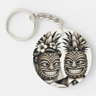 Porte-clés Mariés Tête de Tiki Ananas Aloha de Mariage
