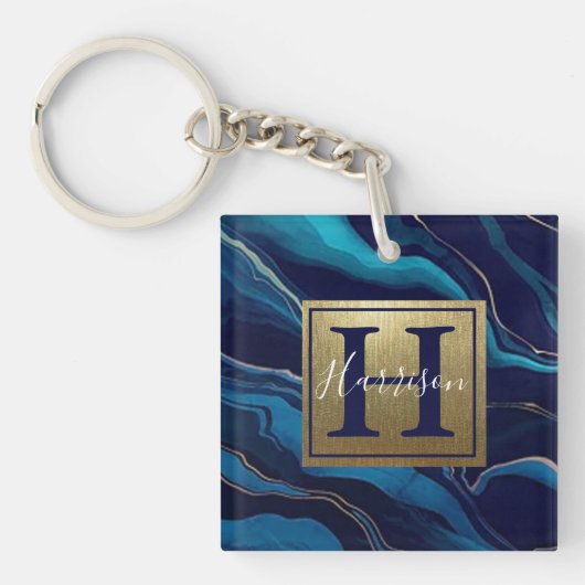 Porte-clés Marine Blue Agate Marbre Gold Nom et Monogramme (Devant)