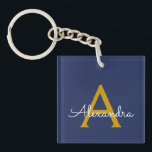 Porte-clés Marine Blue Gold Modern Script Girl Monogramme Nom<br><div class="desc">Porte - clé de nom de monogramme simple bleu marine et or. Cela rend le cadeau parfait pour 16 ans,  mariage,  douche nuptiale,  anniversaire,  baby shower ou bachelorette pour quelqu'un qui aime le luxe glam et les styles chic.</div>