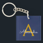 Porte-clés Marine Blue Gold Modern Script Girl Monogramme Nom<br><div class="desc">Porte - clé de nom de monogramme simple bleu marine et or. Cela rend le cadeau parfait pour 16 ans,  mariage,  douche nuptiale,  anniversaire,  baby shower ou bachelorette pour quelqu'un qui aime le luxe glam et les styles chic.</div>