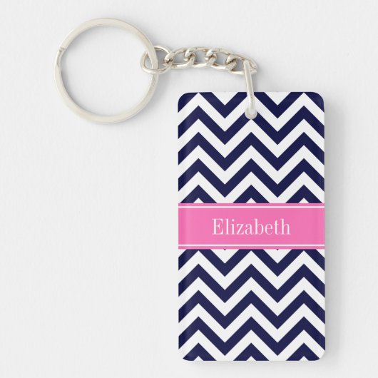 Porte-clés Marine Lg Chevron HotPink2 Quatrefoil Nom Monogram (Devant)