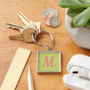 Porte-clés Marronnier Moderne Vert et Rose Corail Monogramme