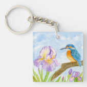 Porte-clés Martin-pêcheur à l'aquarelle avec iris violets (Devant)