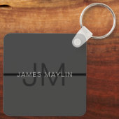 Porte-clés Masculine élégant gris foncé Nom et monogramme (Verso)