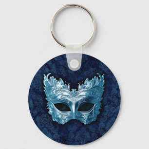 Porte-clés Masque Vénitien Bleu sur Fond de Damas Bleu
