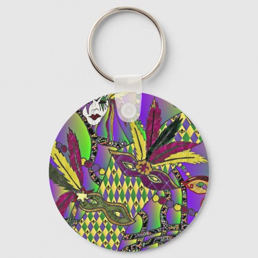Porte-clés Masques à plumes de Mardi Gras psychédéliques (Recto)