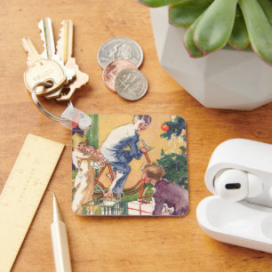 Porte-clés Matin de Noël Vintage, Enfants avec Présents