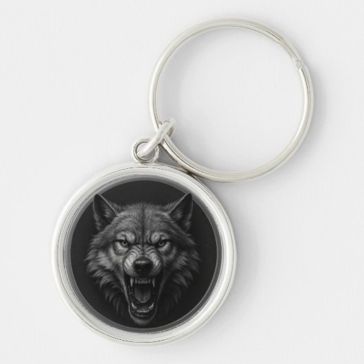 Porte-clés Médaillon Argent Tête de Loup 3D (Devant)