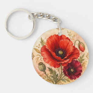 Porte-clés Médaillon floral au coquelicot écarlate élégant