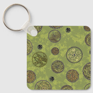 Porte-clés Médaillons de roue dentée steampunk verts