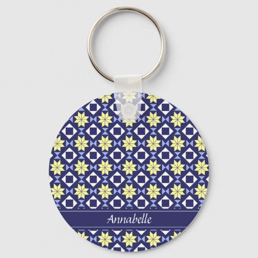 Porte-clés Méditerranée Bleu Bleu Floral Carrelage Nom du Mot (Recto)