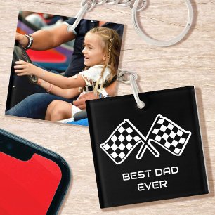 Porte-clés Meilleur Papa Photo Course Drapeaux à Damier Noir