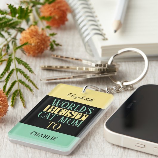 Porte-clés Meilleure maman chat ajouter nom photo jaune vert (Devant droit)