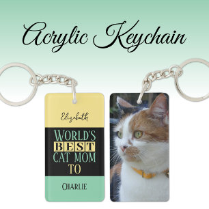 Porte-clés Meilleure maman chat ajouter nom photo jaune vert