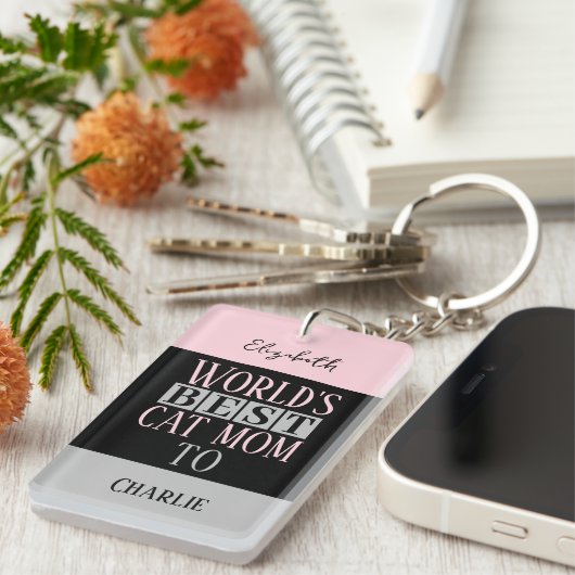 Porte-clés Meilleure maman chat ajouter nom photo rose gris (Devant droit)