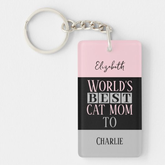 Porte-clés Meilleure maman chat ajouter nom photo rose gris (Devant)