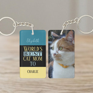 Porte-clés Meilleure maman de chat ajoutez nom photo bleu jau