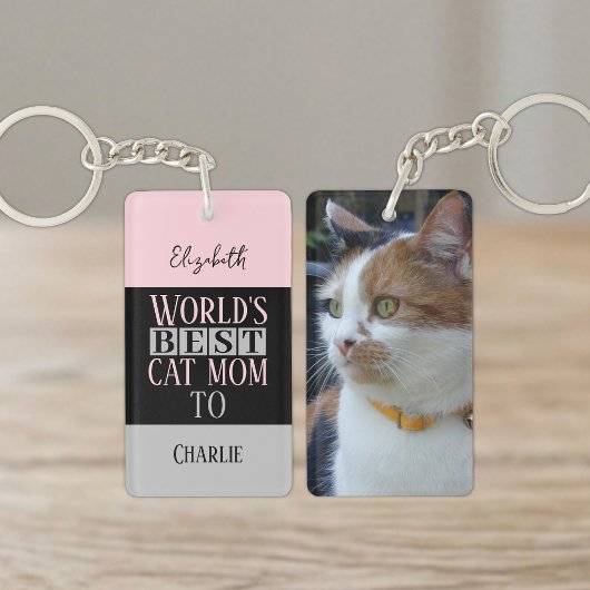 Porte-clés Meilleure maman de chat ajoutez nom photo rose gri