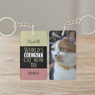 Porte-clés Meilleure maman de chat ajoutez nom photo rose ver