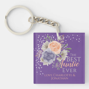 Porte-clés Meilleure Tatie Jamais Violet Floral Pivoine Rose 
