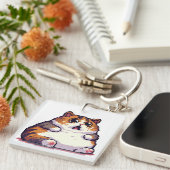 Porte-clés Mème de chat gras orange choqué pixel art (Devant Droit)